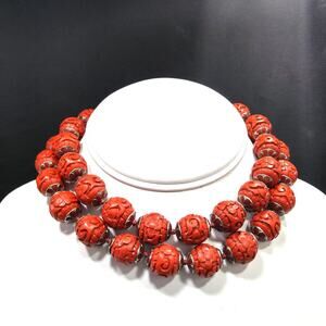 Vintage Chinese Export Hand Carved Floral Cinnabar Bead Necklace, 1960s